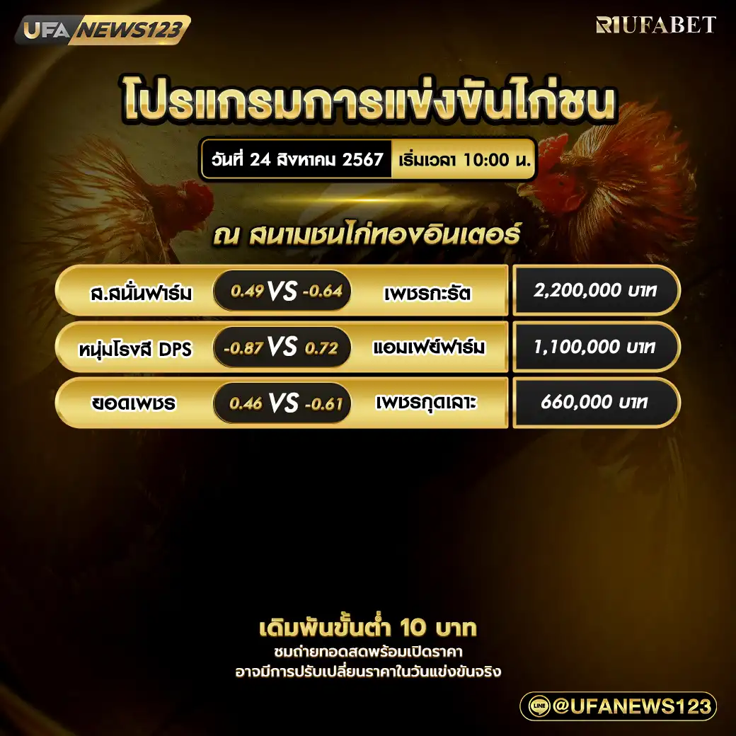 โปรแกรมไก่ชน สนามชนไก่ทองอินเตอร์ เริ่มเวลา 10.00 น. 24 สิงหาคม 2567