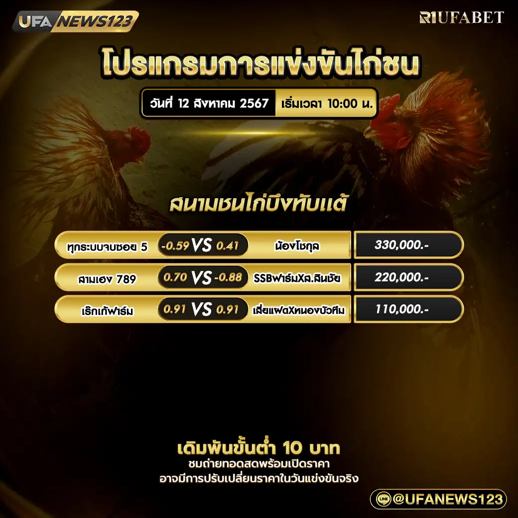 โปรแกรมไก่ชน สนามชนไก่บึงทับแต้ เริ่มเวลา 10:00 น. 12 สิงหาคม 2567