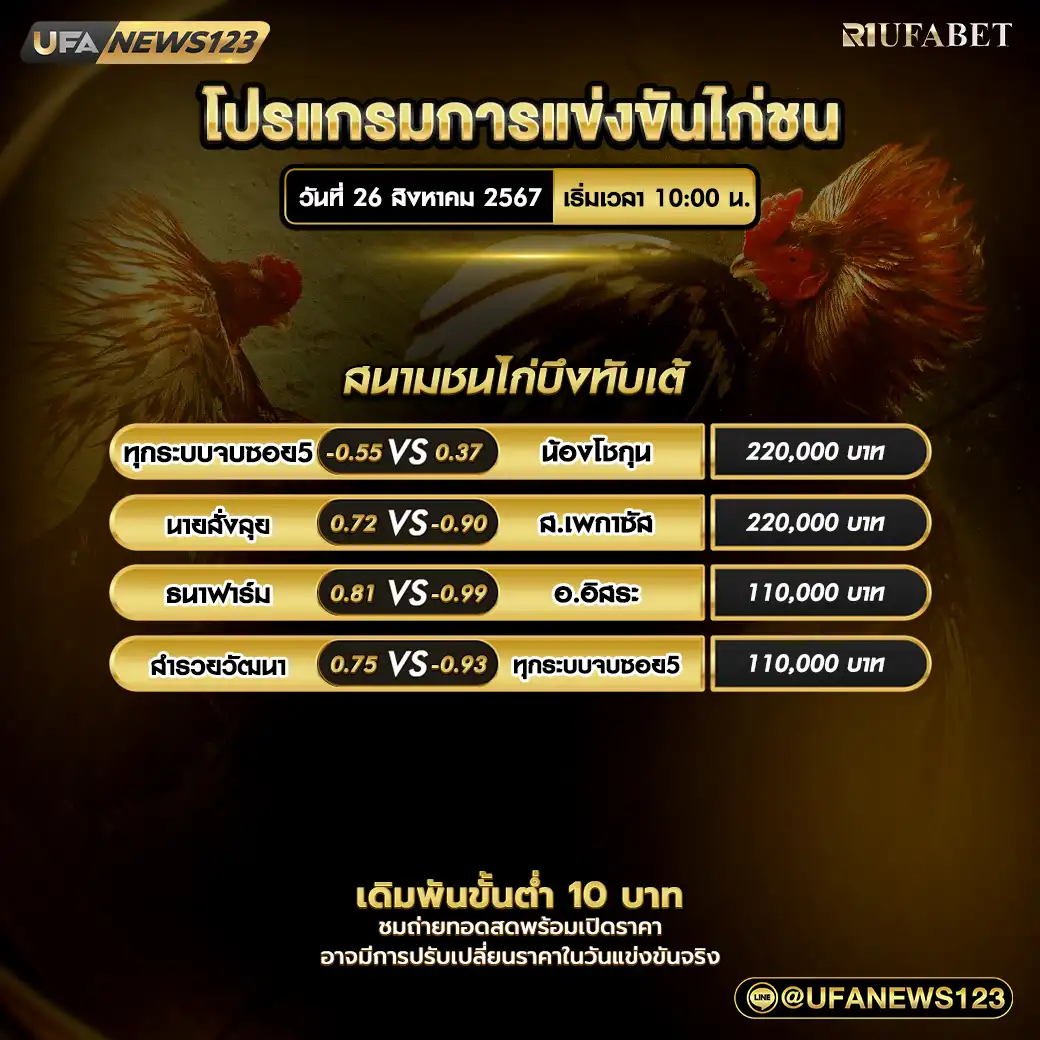 โปรแกรมไก่ชน สนามชนไก่บึงทับแต้ เริ่มเวลา 10.00 น. 26 สิงหาคม 2567