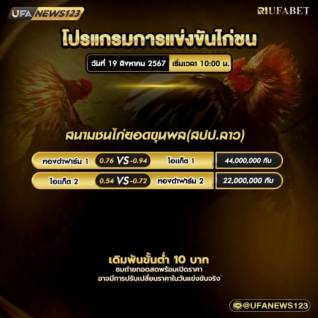 โปรแกรมไก่ชน สนามชนไก่ยอดขุนพล เริ่มเวลา 10.00 น. 19 สิงหาคม 2567