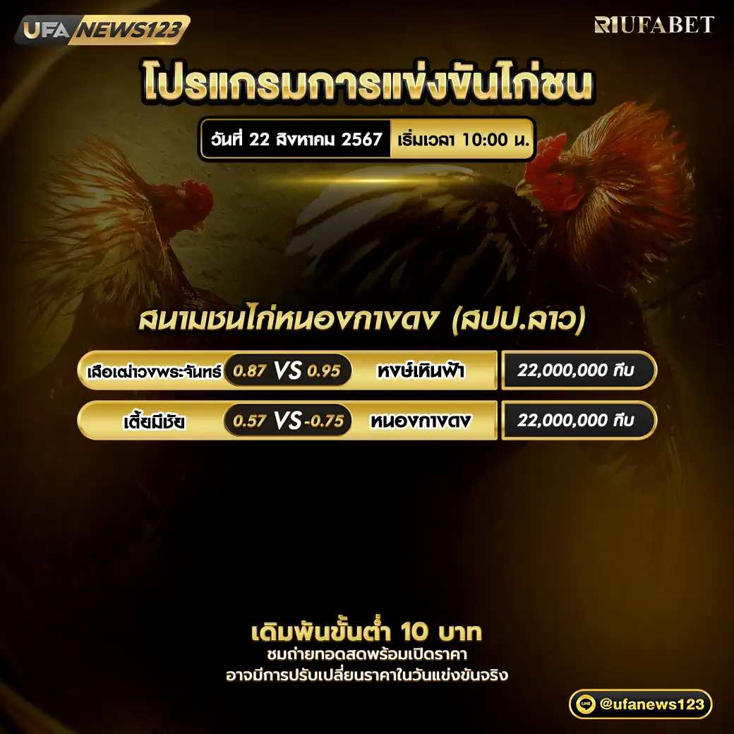 โปรแกรมไก่ชน สนามชนไก่หนองกางดง (สปป.ลาว) เริ่มเวลา 10.00 น. 22 สิงหาคม 2567