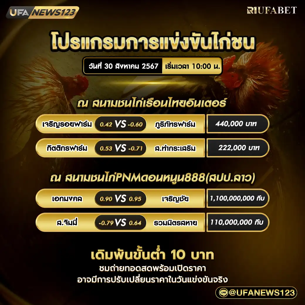 โปรแกรมไก่ชน สนามชนไก่เรือนไทยอินเตอร์ สนามชนไก่PNMดอนหนูน888(สปป.ลาว) เริ่มเวลา 10.00 น. 30 สิงหาคม 2567