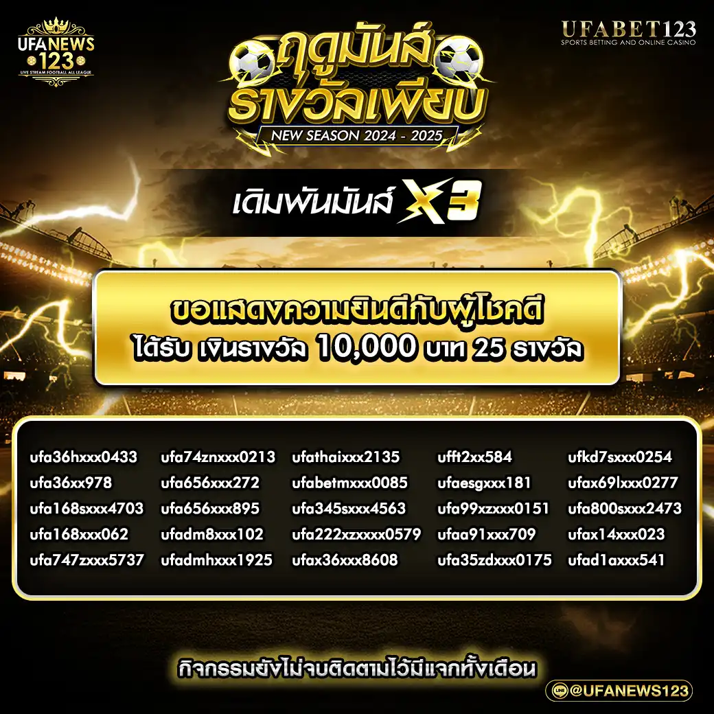 ประกาศผลกิจกรรม ฤดูมันส์รางวัลเพียบ เดิมพันมันส์ X3 04 กันยายน 2567