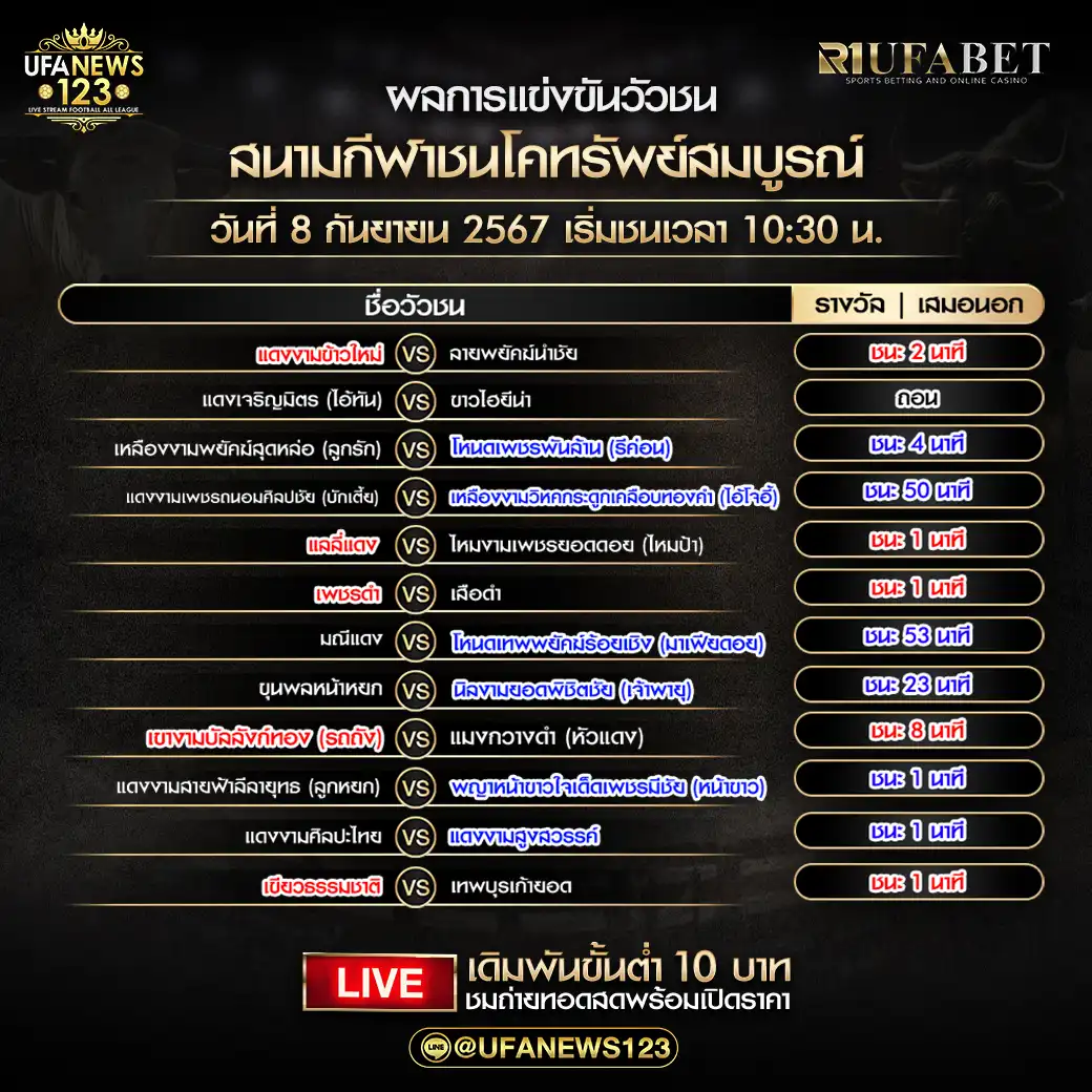 สรุปผลวัวชน สนามกีฬาชนโคทรัพย์สมบูรณ์ 08 กันยายน 2567