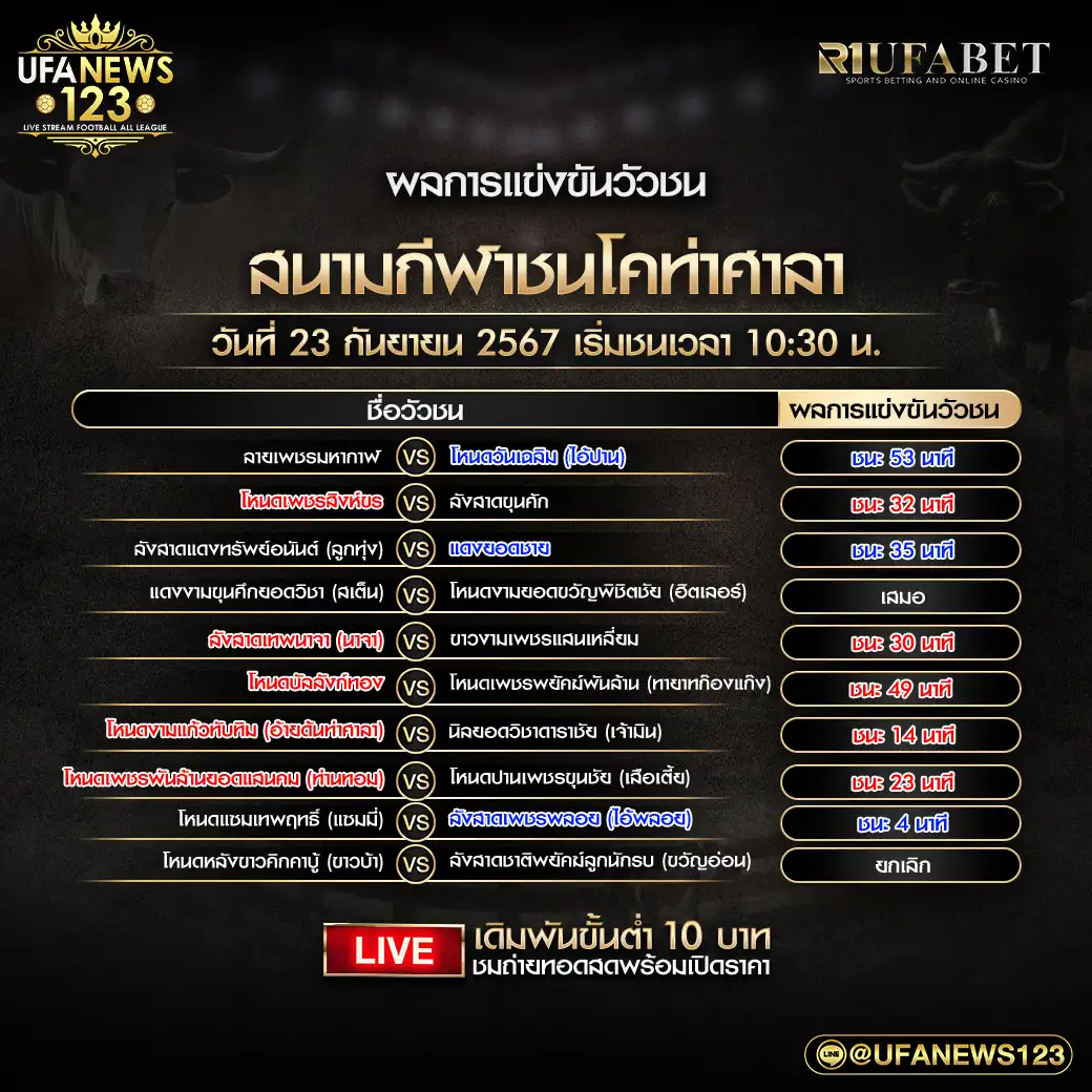 ผลวัวชน สนามชนโคท่าศาลา 23 กันยายน 2567