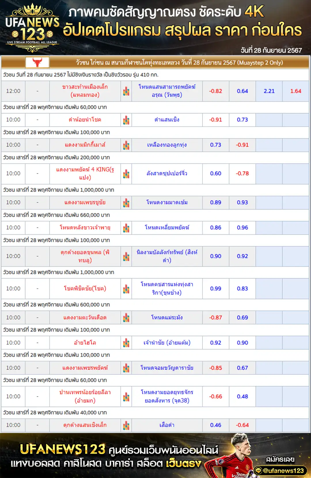 ราคาวัวชน สนามชนโคทุ่งทะเลหลวง เริ่มชนเวลา 10.30 น. 28 กันยายน 2567