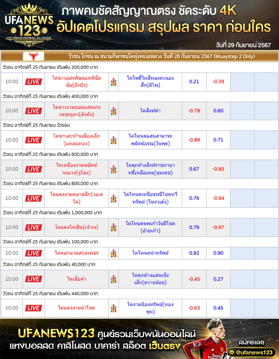 ราคาวัวชน สนามชนโคทุ่งทะเลหลวง เริ่มชนเวลา 10.30 น. 29 กันยายน 2567