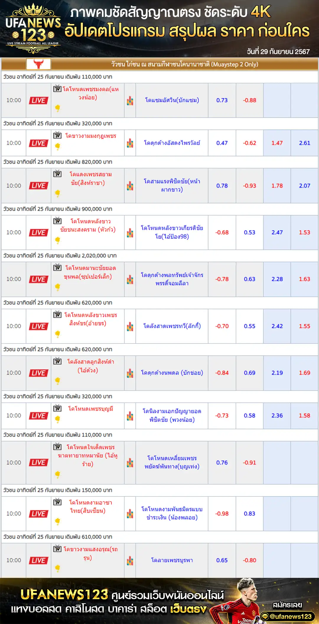 ราคาวัวชน สนามชนโคนานาชาติ เริ่มชนเวลา 09.00 น. 29 กันยายน 2567