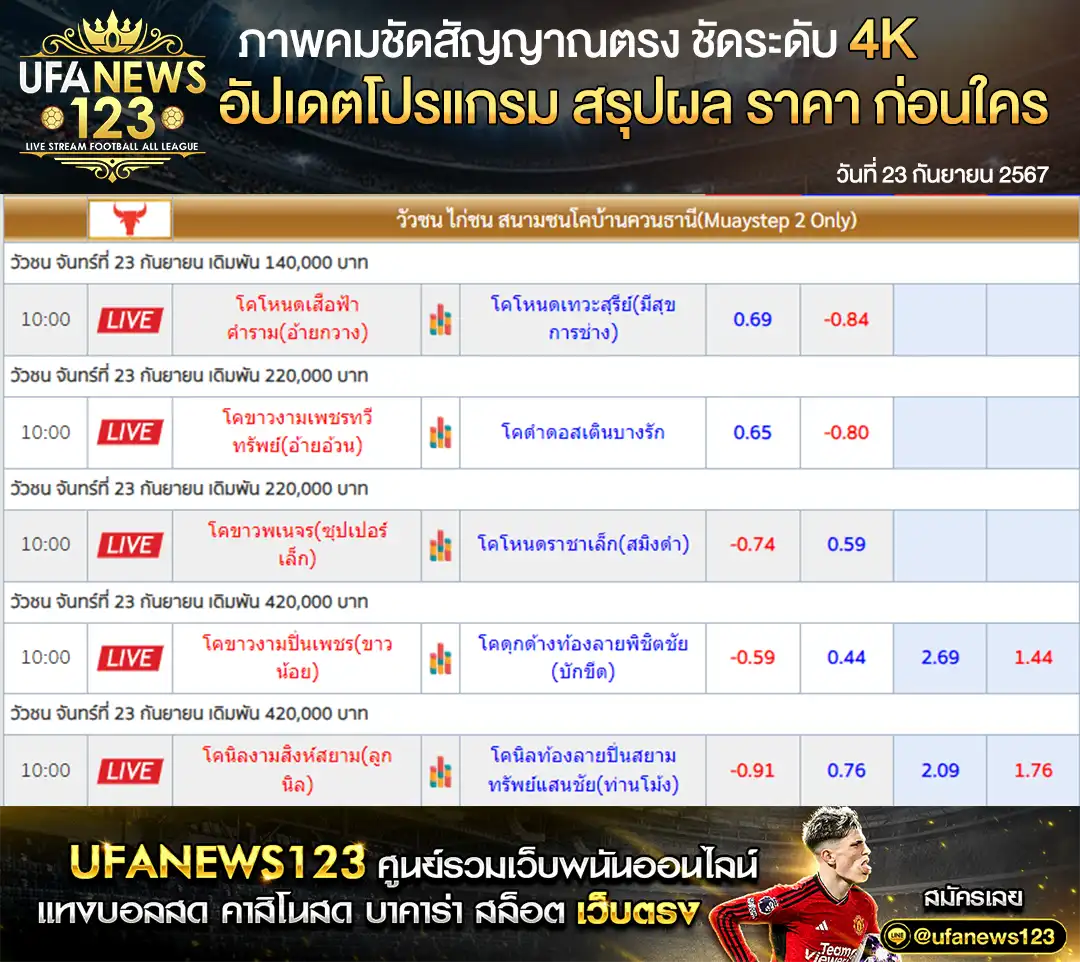 ราคาวัวชน สนามชนโคบ้านควนธานี เริ่มชนเวลา 10.45 น. 23 กันยายน 2567