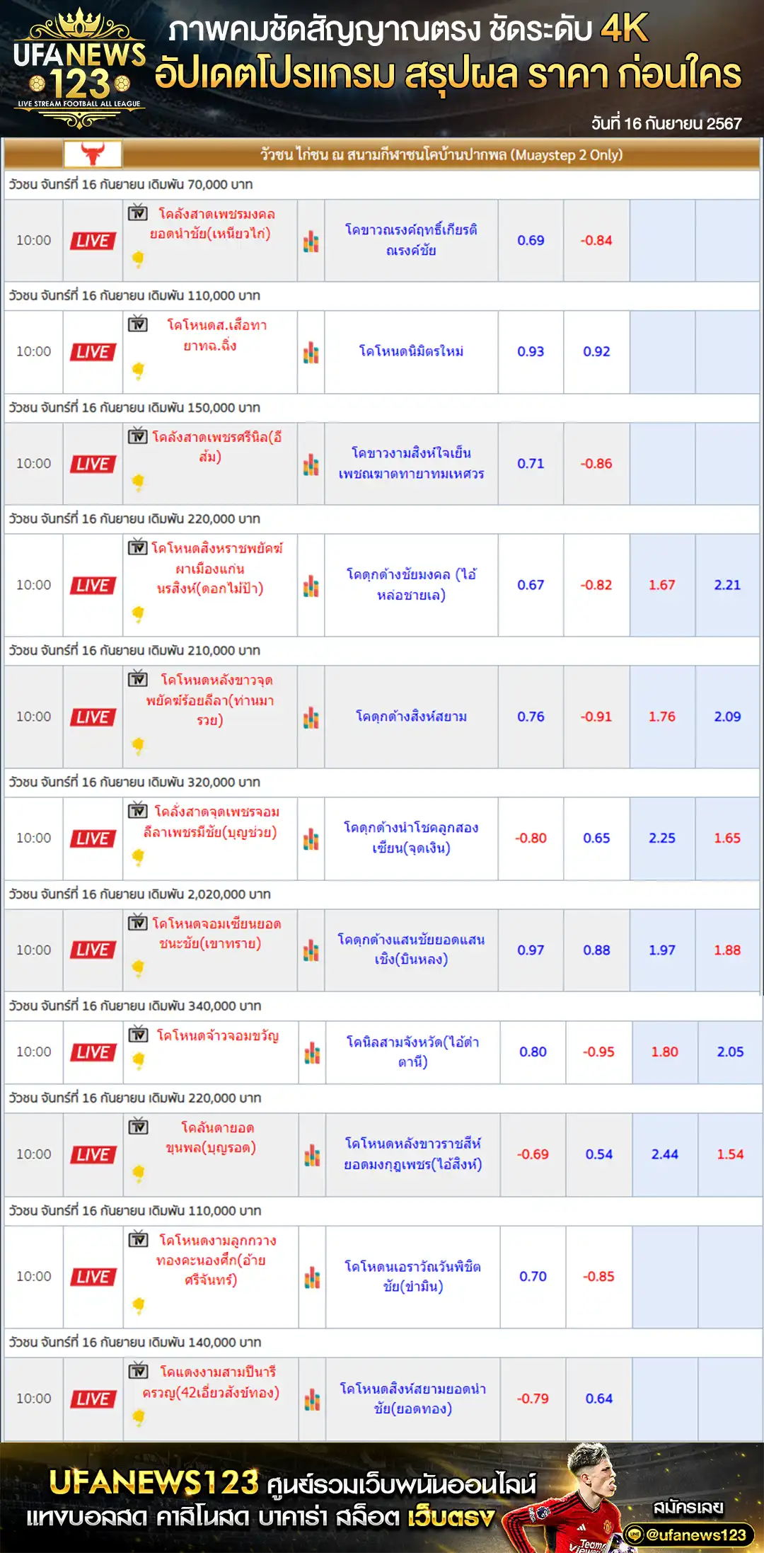 ราคาวัวชน สนามชนโคบ้านปากพล เริ่มชนเวลา 10.00 น. 16 กันยายน 2567