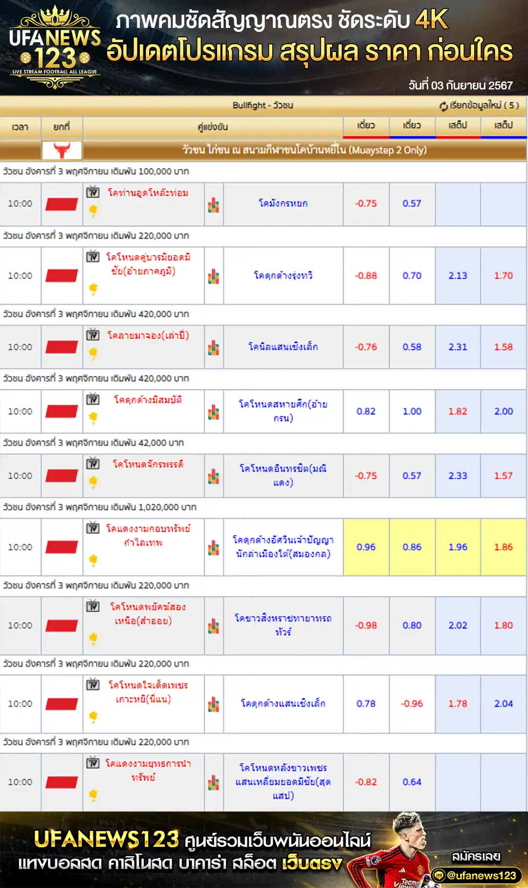 ราคาวัวชน สนามกีฬาชนโคบ้านหยีใน เริ่มชนเวลา 10.45 น. 03 กันยายน 2567