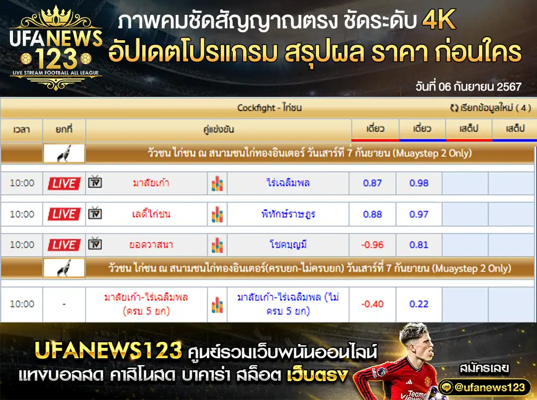 ราคาไก่ชน สนามชนไก่ทองอินเตอร์ เริ่มเวลา 10:00 น. 07 กันยายน 2567