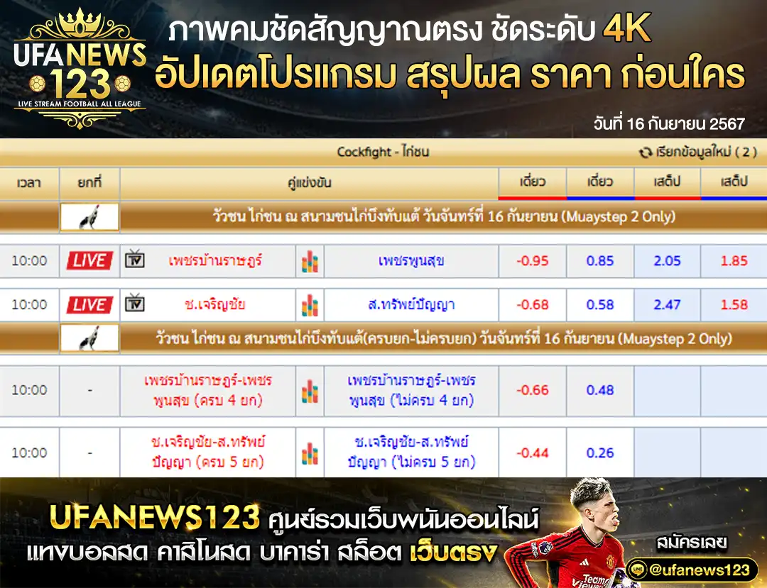 ราคาไก่ชน สนามชนไก่บังทับแต้ เริ่มเวลา 10:00 น. 16 กันยายน 2567