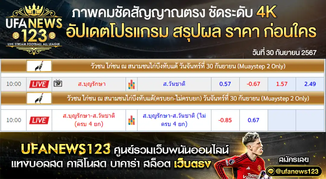 ราคาไก่ชน สนามชนไก่บึงทับแต้ เริ่มเวลา 10.00 น. 30 กันยายน 2567