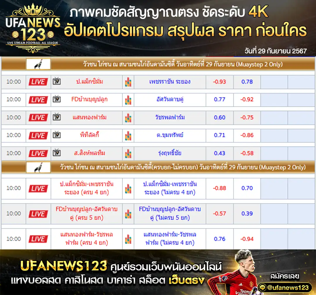 ราคาไก่ชน สนามชนไก่อันดามันซิตี้ เริ่มเวลา 10.00 น. 29 กันยายน 2567