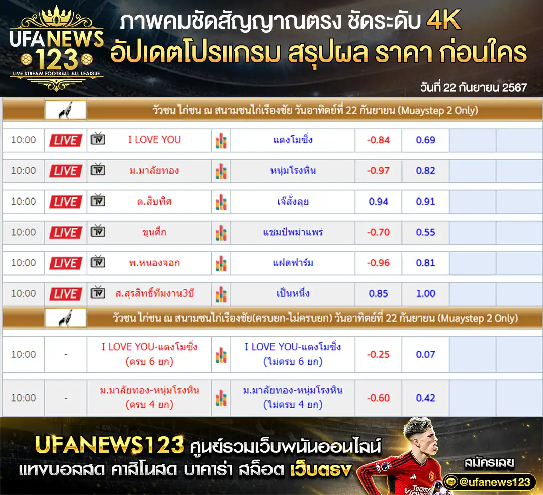 ราคาไก่ชน สนามชนไก่เรืองชัย เริ่มเวลา 10.00 น. 22 กันยายน 2567