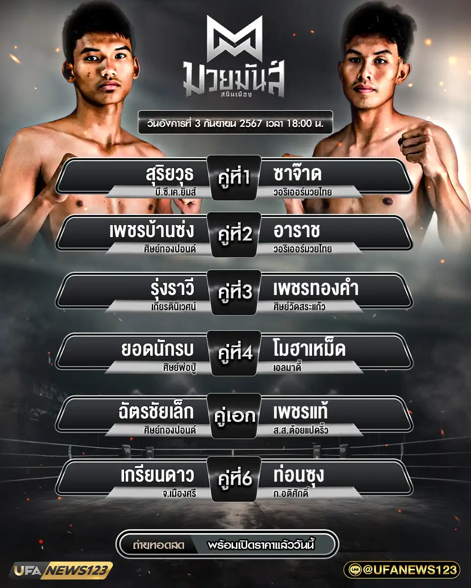 โปรแกรมมวย ศึกมวยมันส์สนั่นเมือง เริ่มเวลา 18:00 น. 03 กันยายน 2567