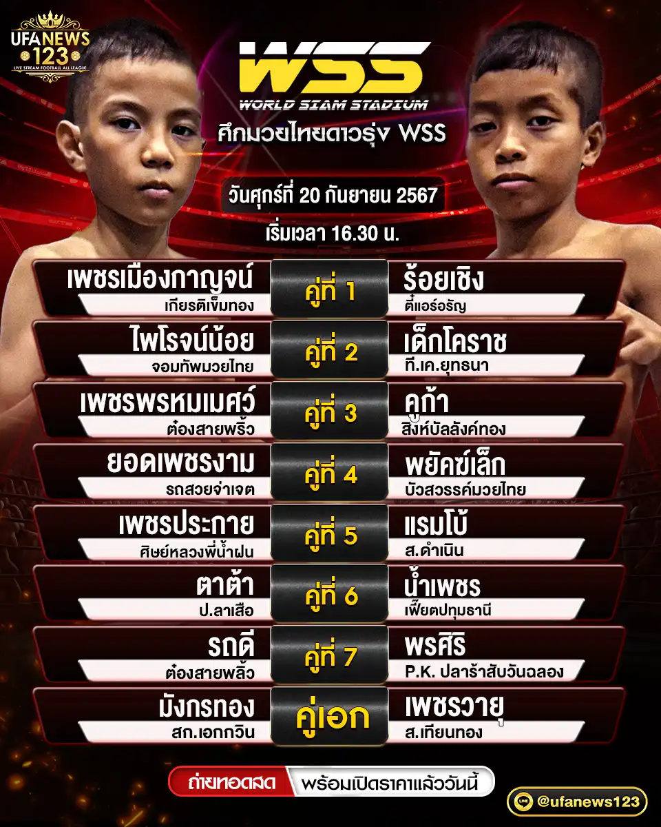 โปรแกรมมวย ศึกมวยไทยดาวรุ่ง WSS เริ่มเวลา 16.30 น. 20 กันยายน 2567