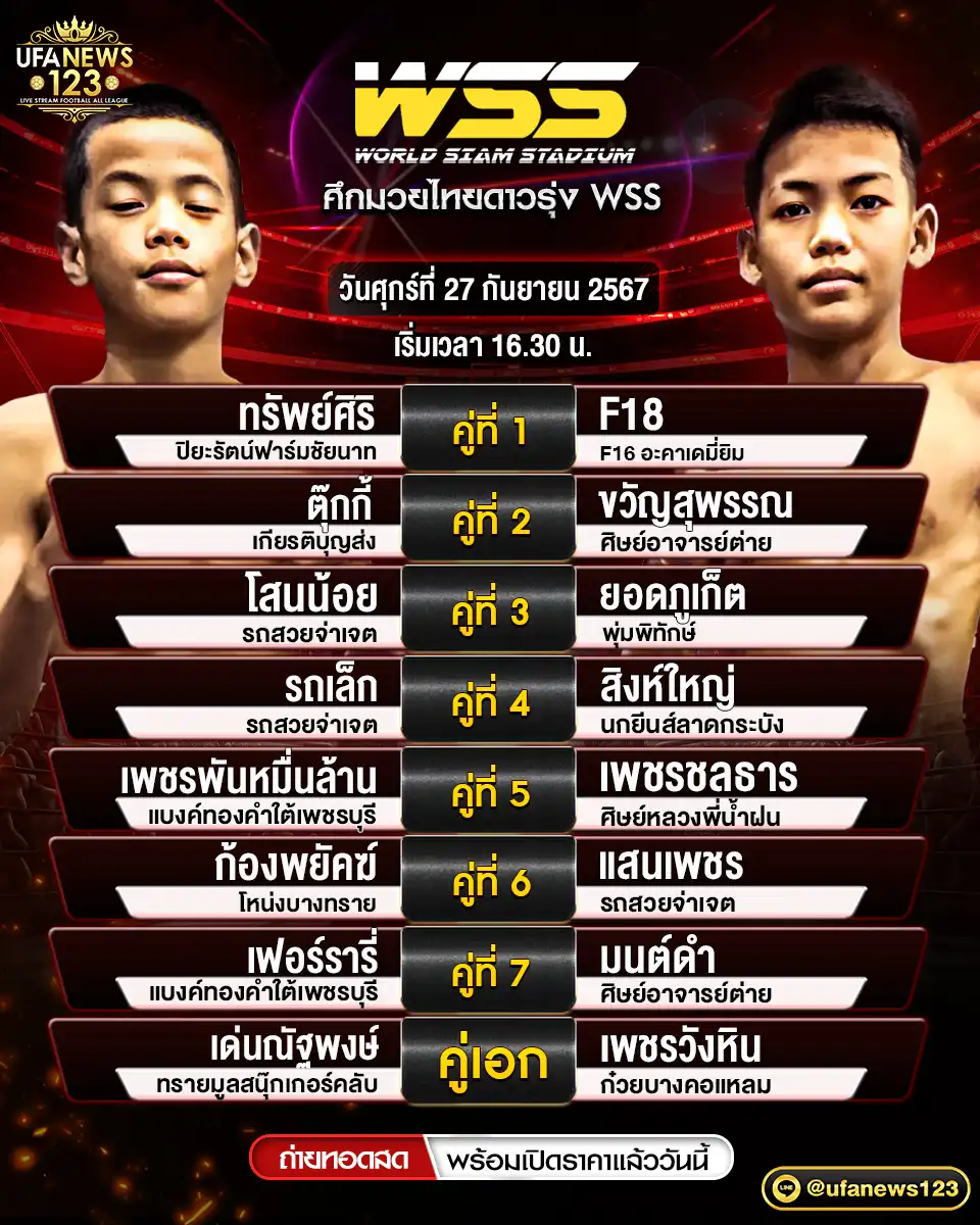 โปรแกรมมวย ศึกมวยไทยดาวรุ่ง WSS เริ่มเวลา 16.30 น. 27 กันยายน 2567