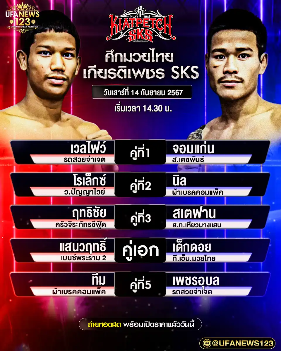 โปรแกรมมวย ศึกมวยไทยเกียรติเพชร SKS เริ่มเวลา 14.30 น. 14 กันยายน 2567