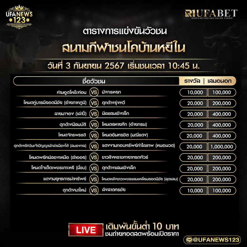 โปรแกรมวัวชน สนามกีฬาชนโคบ้านหยีใน เริ่มชนเวลา 10.45 น. 02 กันยายน 2567