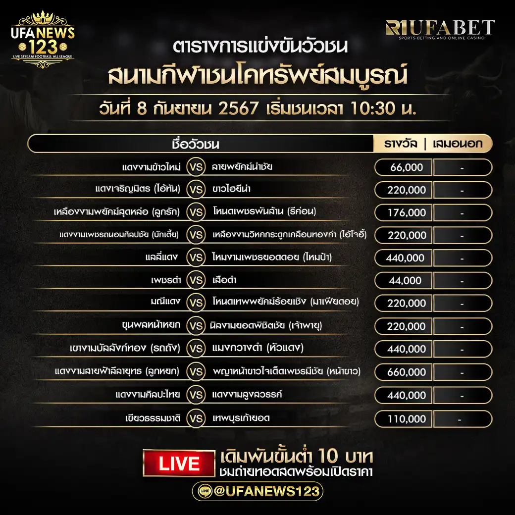 โปรแกรมวัวชน สนามกีฬาชนโคทรัพย์สมบูรณ์ เริ่มชนเวลา 10:30 น. 08 กันยายน 2567