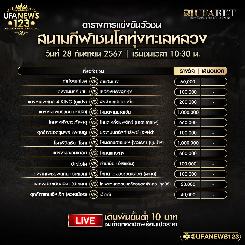 โปรแกรมวัวชน สนามชนโคทุ่งทะเลหลวง เริ่มชนเวลา 10.30 น. 28 กันยายน 2567