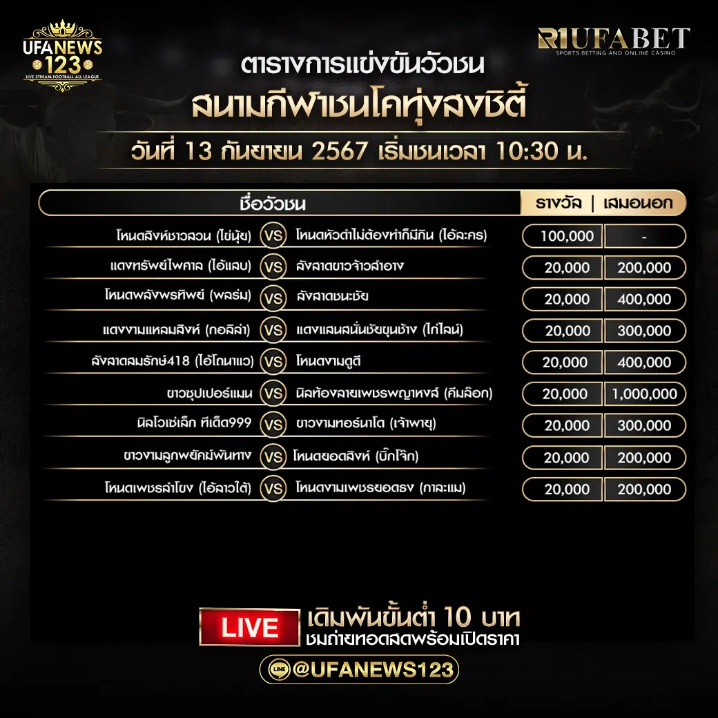 โปรแกรมวัวชน สนามกีฬาชนโคทุ่งสงซิตี้ เริ่มชนเวลา 10:30 น. 13 กันยายน 2567