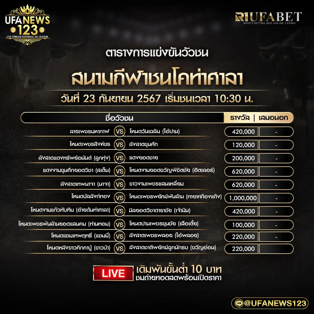 โปรแกรมวัวชน สนามชนโคท่าศาลา เริ่มชนเวลา 10.30 น. 23 กันยายน 2567