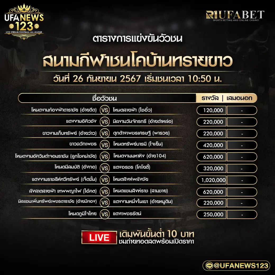 โปรแกรมวัวชน สนามชนโคบ้านทรายขาว เริ่มชนเวลา 10.50 น. 26 กันยายน 2567