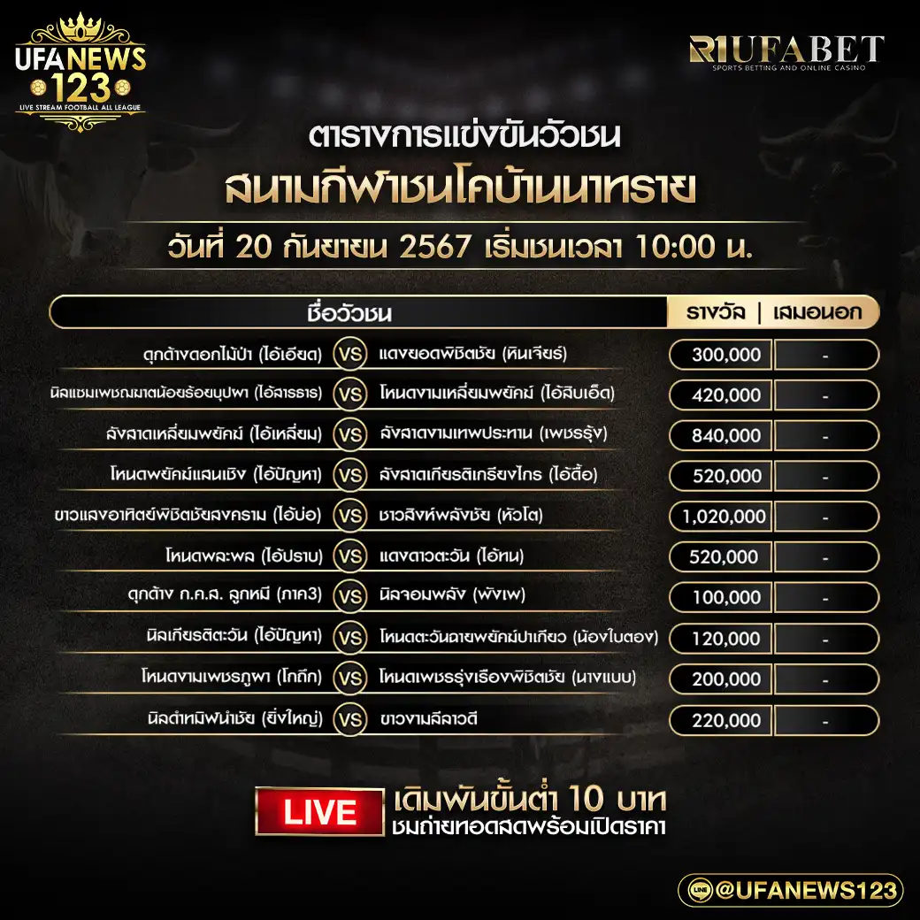 โปรแกรมวัวชน สนามชนโคบ้านนาทราย เริ่มชนเวลา 10:00 น. 20 กันยายน 2567