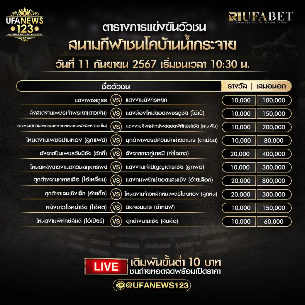 โปรแกรมวัวชน สนามกีฬาชนโคบ้านนํ้ากระจาย เริ่มชนเวลา 10:30 น. 11 กันยายน 2567