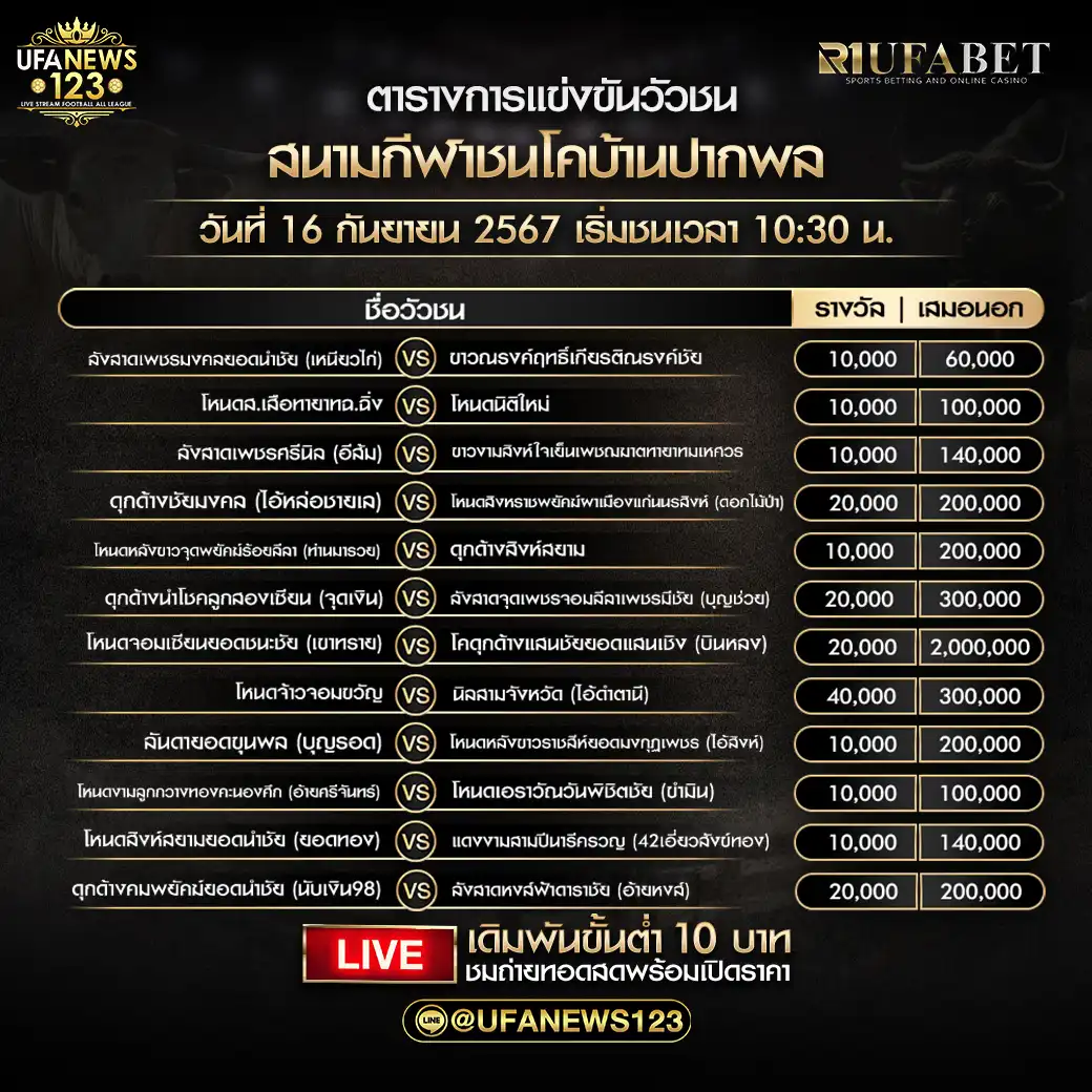 โปรแกรมวัวชน สนามกีฬาชนโคบ้านปากพล เริ่มชนเวลา 10:30 น. 16 กันยายน 2567