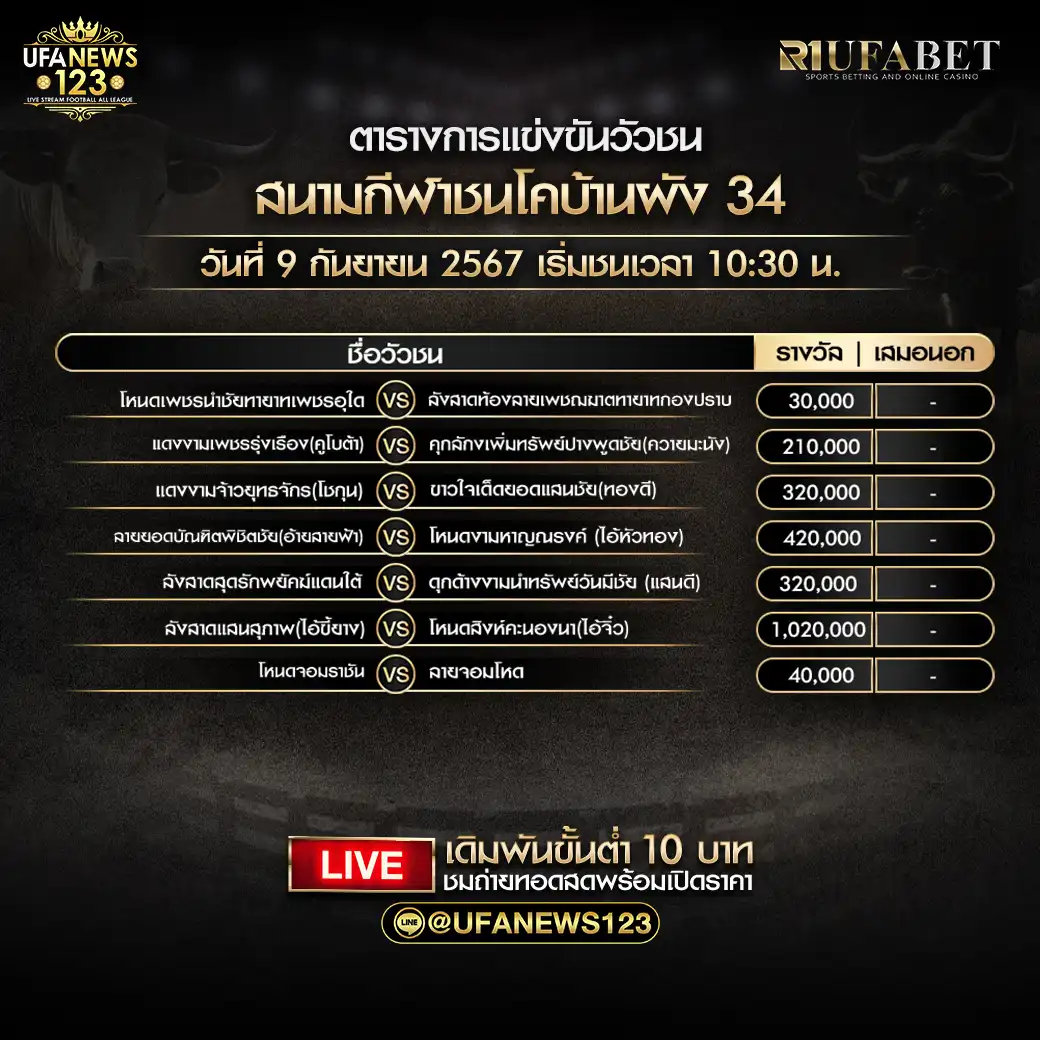 โปรแกรมวัวชน สนามกีฬาชนโคบ้านพัง 34 เริ่มชนเวลา 10:30 น.