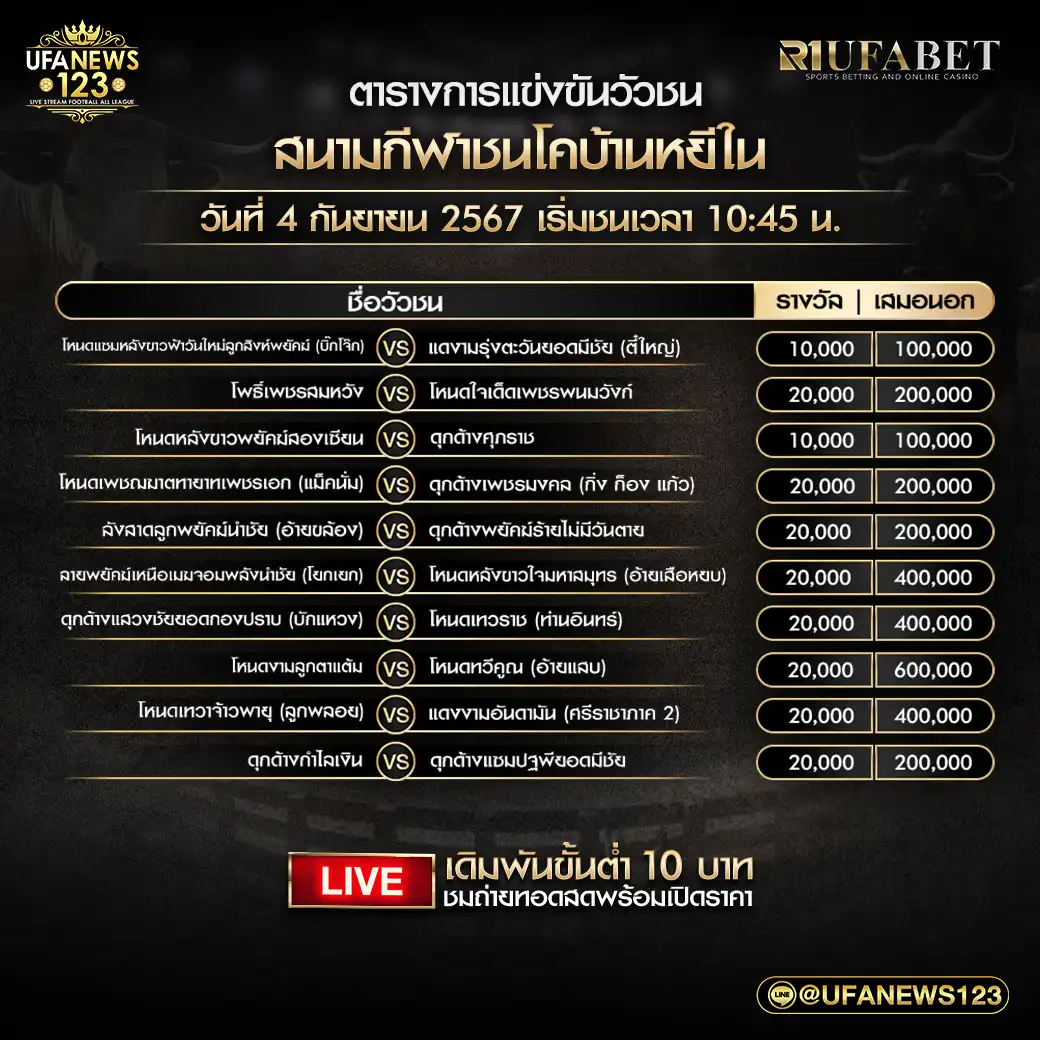 โปรแกรมวัวชน สนามกีฬาชนโคบ้านหยีใน เริ่มชนเวลา 10:45 น. 03 กันยายน 2567