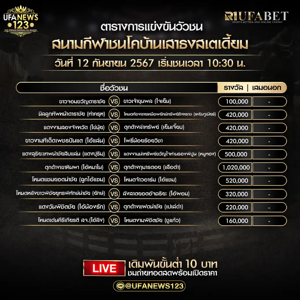 โปรแกรมวัวชน สนามกีฬาชนโคบ้านเสาธงสเตเดี้ยม เริ่มชนเวลา 10:30 น. 12 กันยายน 2567