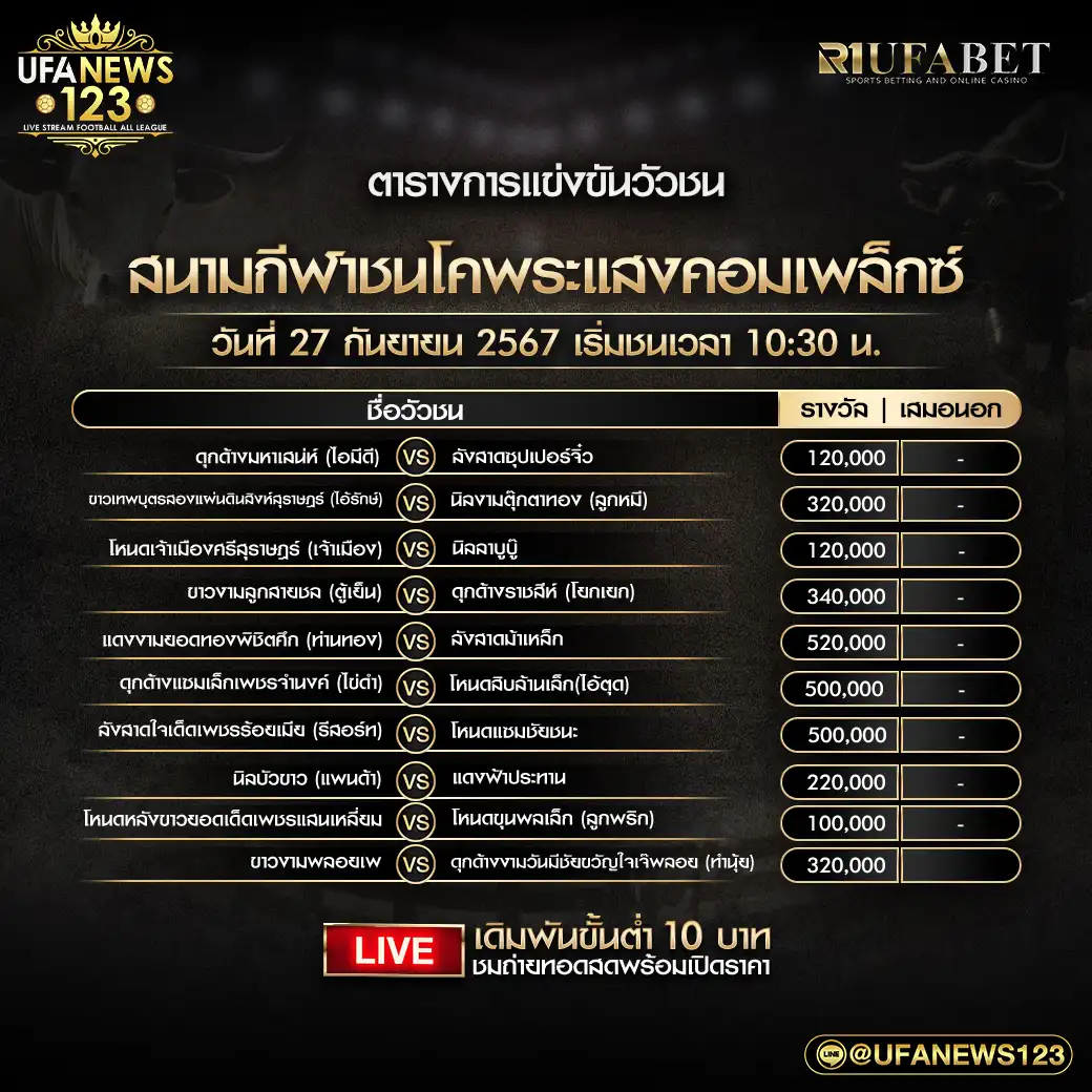 โปรแกรมวัวชน สนามชนโคพระแสงคอมเพล็กซ์ เริ่มเวลา 10.30 น. 27 กันยายน 2567