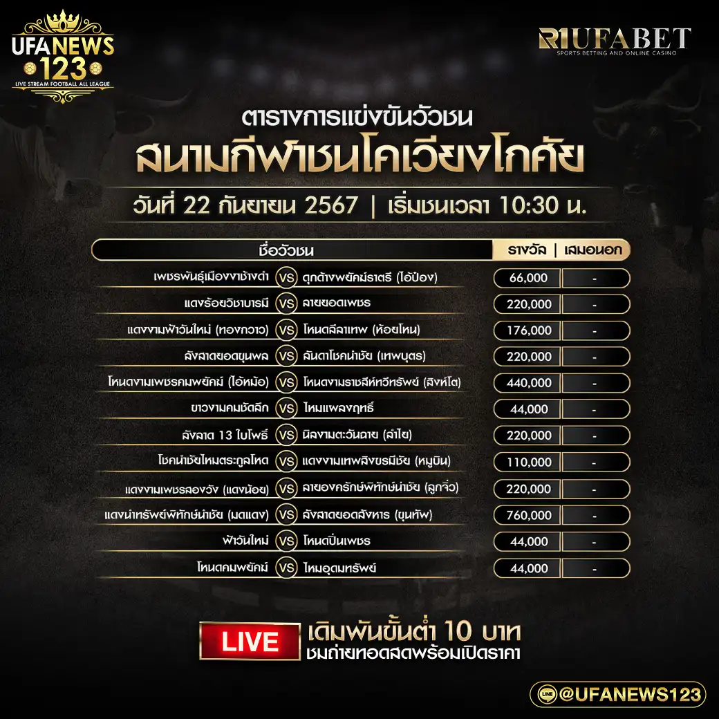 โปรแกรมวัวชน สนามชนโคเวียงโกศัย เริ่มชนเวลา 10.30 น. 22 กันยายน 2567