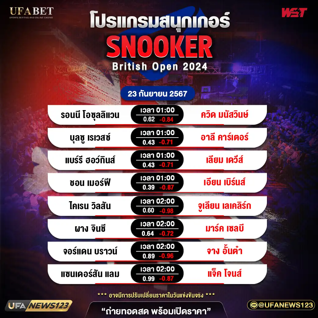 โปรแกรมสนุกเกอร์ SNOOKER BRITISH OPEN 2024 เวลา 01.00 น. 23 กันยายน 2567