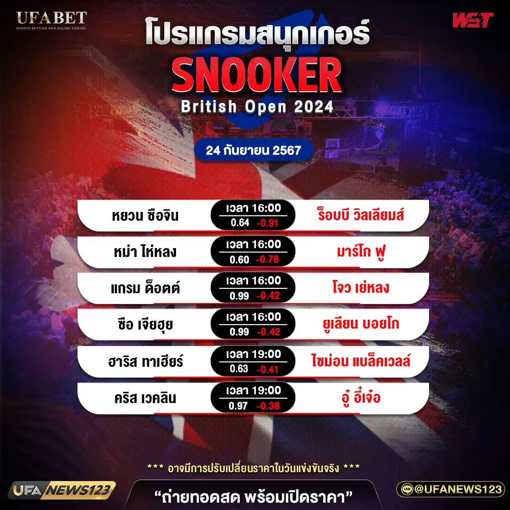 โปรแกรมสนุกเกอร์ SNOOKER BRITISH OPEN 2024 เวลา 16.00 น. 24 กันยายน 2567