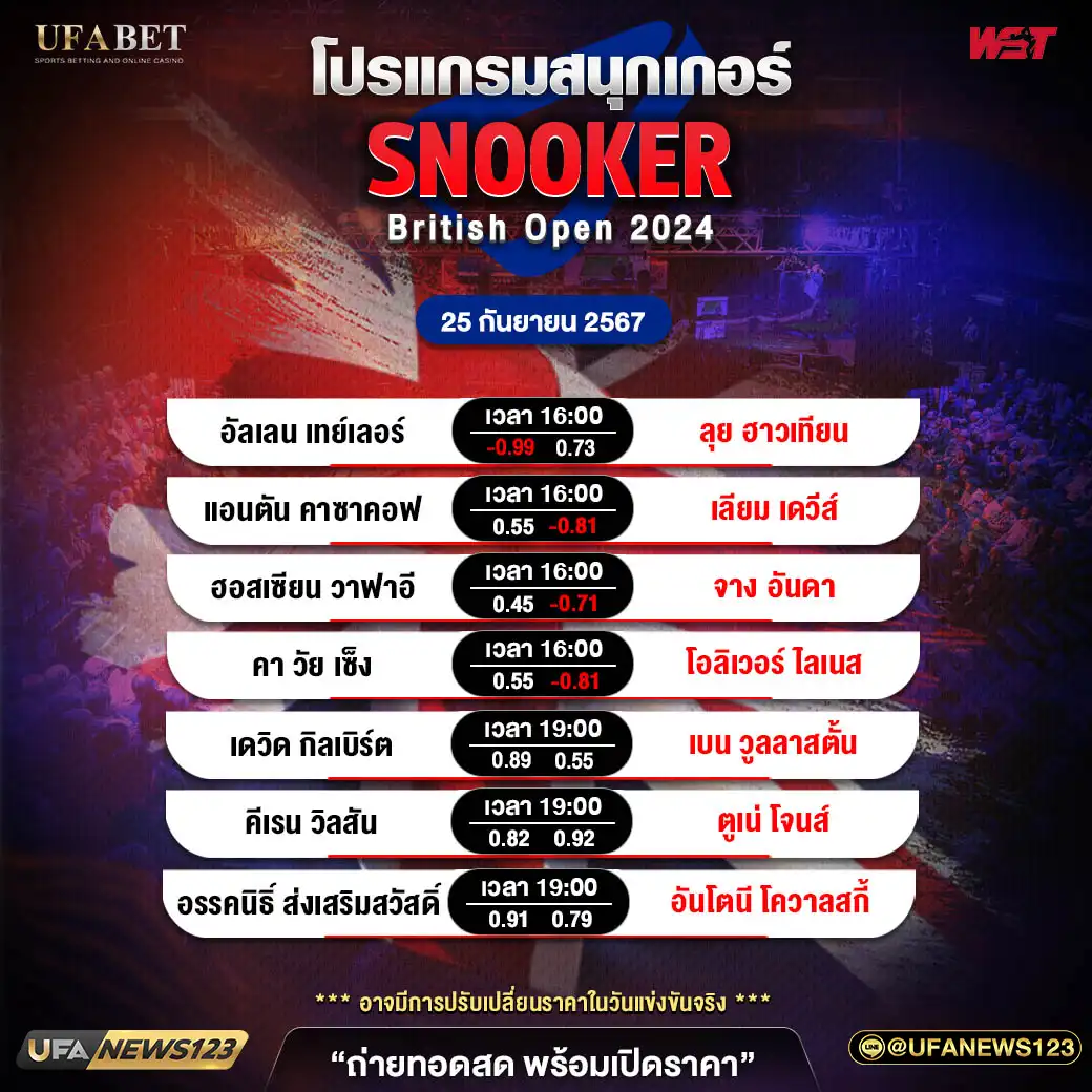 โปรแกรมสนุกเกอร์ SNOOKER BRITISH OPEN 2024 เวลา 16.00 น. 25 กันยายน 2567