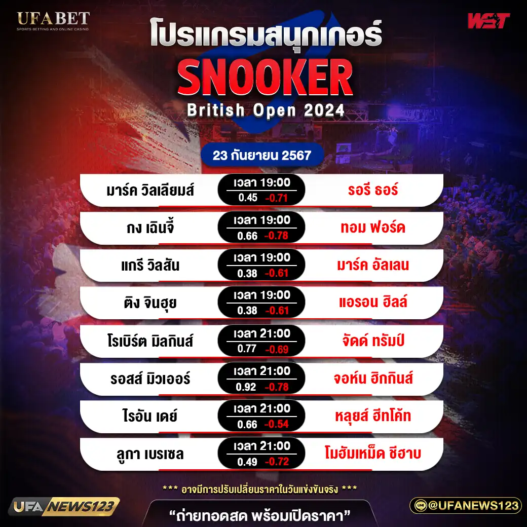 โปรแกรมสนุกเกอร์ SNOOKER BRITISH OPEN 2024 เวลา 19.00 น. 23 กันยายน 2567