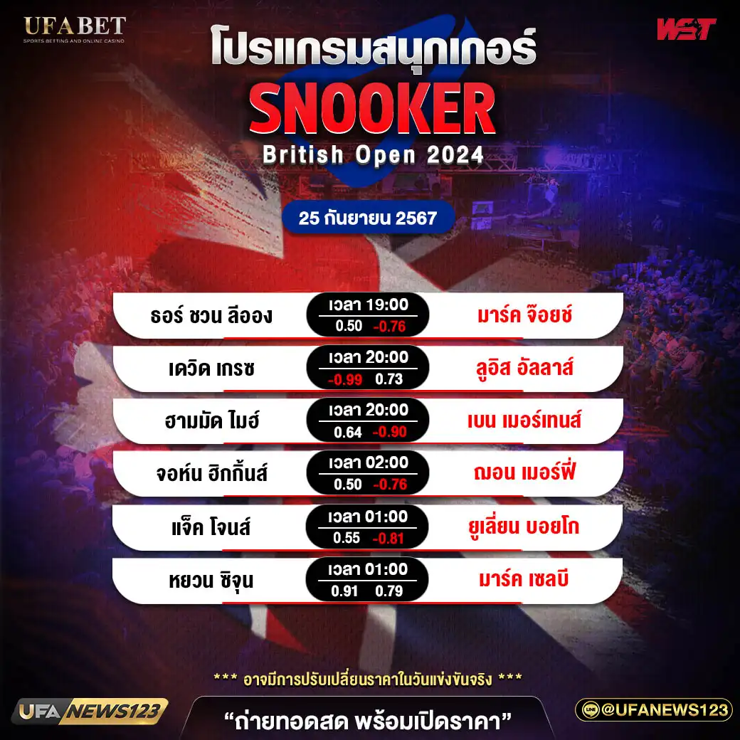 โปรแกรมสนุกเกอร์ SNOOKER BRITISH OPEN 2024 เวลา 19.00 น. 25 กันยายน 2567