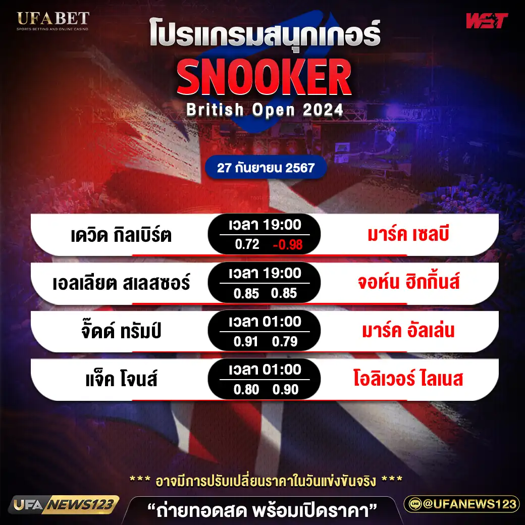 โปรแกรมสนุกเกอร์ SNOOKER BRITISH OPEN 2024 เวลา 19.00 น. 27 กันยายน 2567