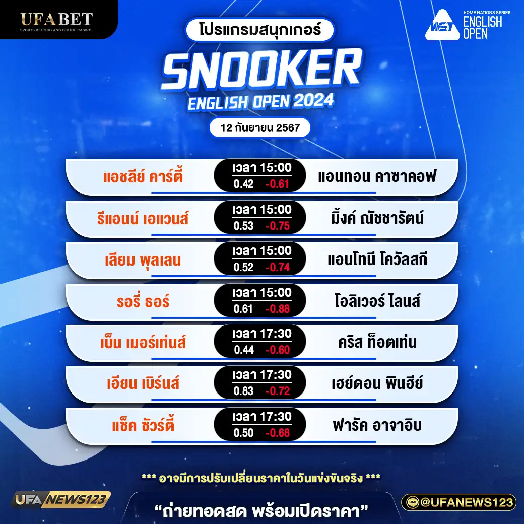 โปรแกรมสนุกเกอร์ SNOOKER ENGLISH OPEN 2024 เริ่มเวลา 15:00 น. 12 กันยายน 2567