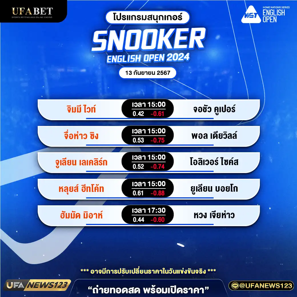 โปรแกรมสนุกเกอร์ SNOOKER ENGLISH OPEN 2024 เริ่มเวลา 15:00 น. 13 กันยายน 2567