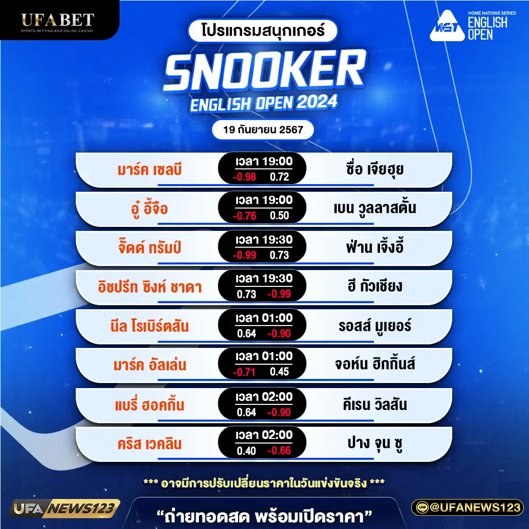 โปรแกรมสนุกเกอร์ SNOOKER ENGLISH OPEN 2024 เริ่มเวลา 19.00 น. 19 กันยายน 2567