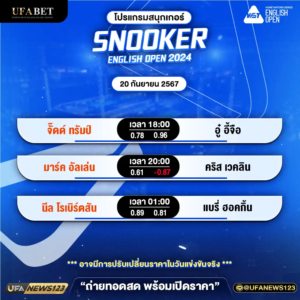 โปรแกรมสนุกเกอร์ SNOOKER ENGLISH OPEN 2024 เริ่มเวลา 18.00 น. 20 กันยายน 2567