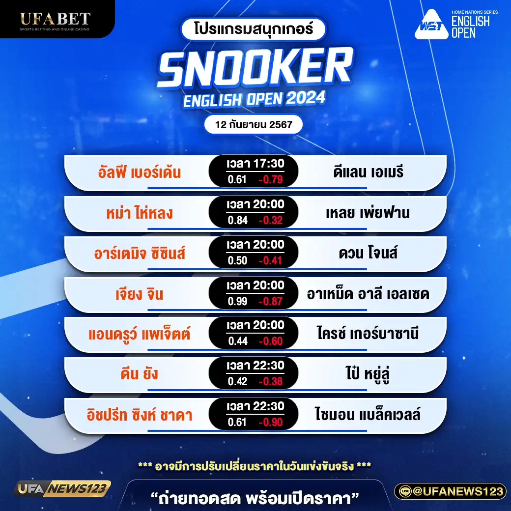 โปรแกรมสนุกเกอร์ SNOOKER ENGLISH OPEN 2024 ช่วงที่ 2 เริ่มเวลา 17:30 น. 12 กันยายน 2567