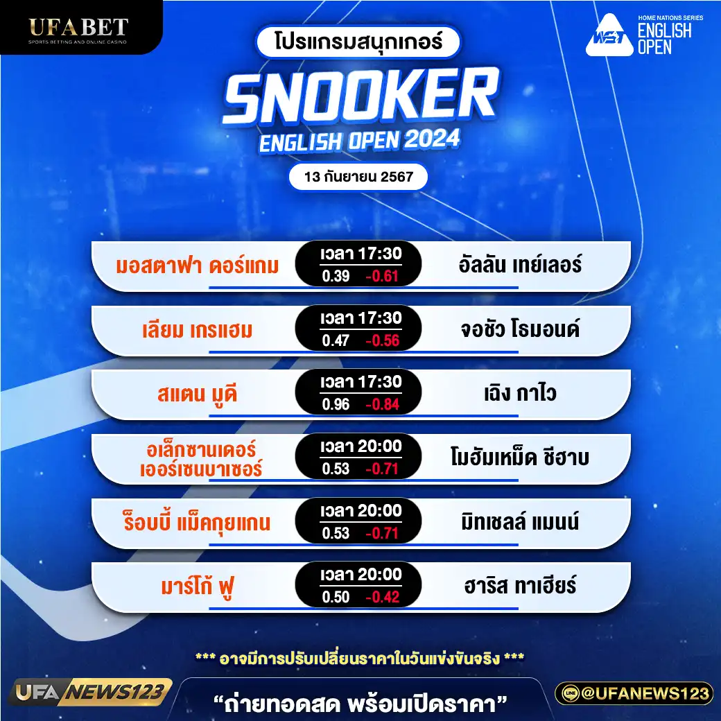 โปรแกรมสนุกเกอร์ SNOOKER ENGLISH OPEN 2024 ช่วงที่ 2 เริ่มเวลา 17:30 น. 13 กันยายน 2567